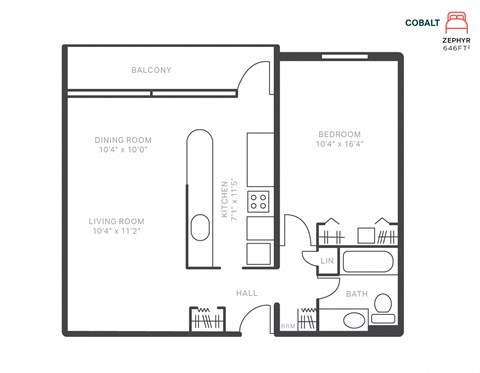 Floor plan for 1 bed, 1 bath, 646 sqft